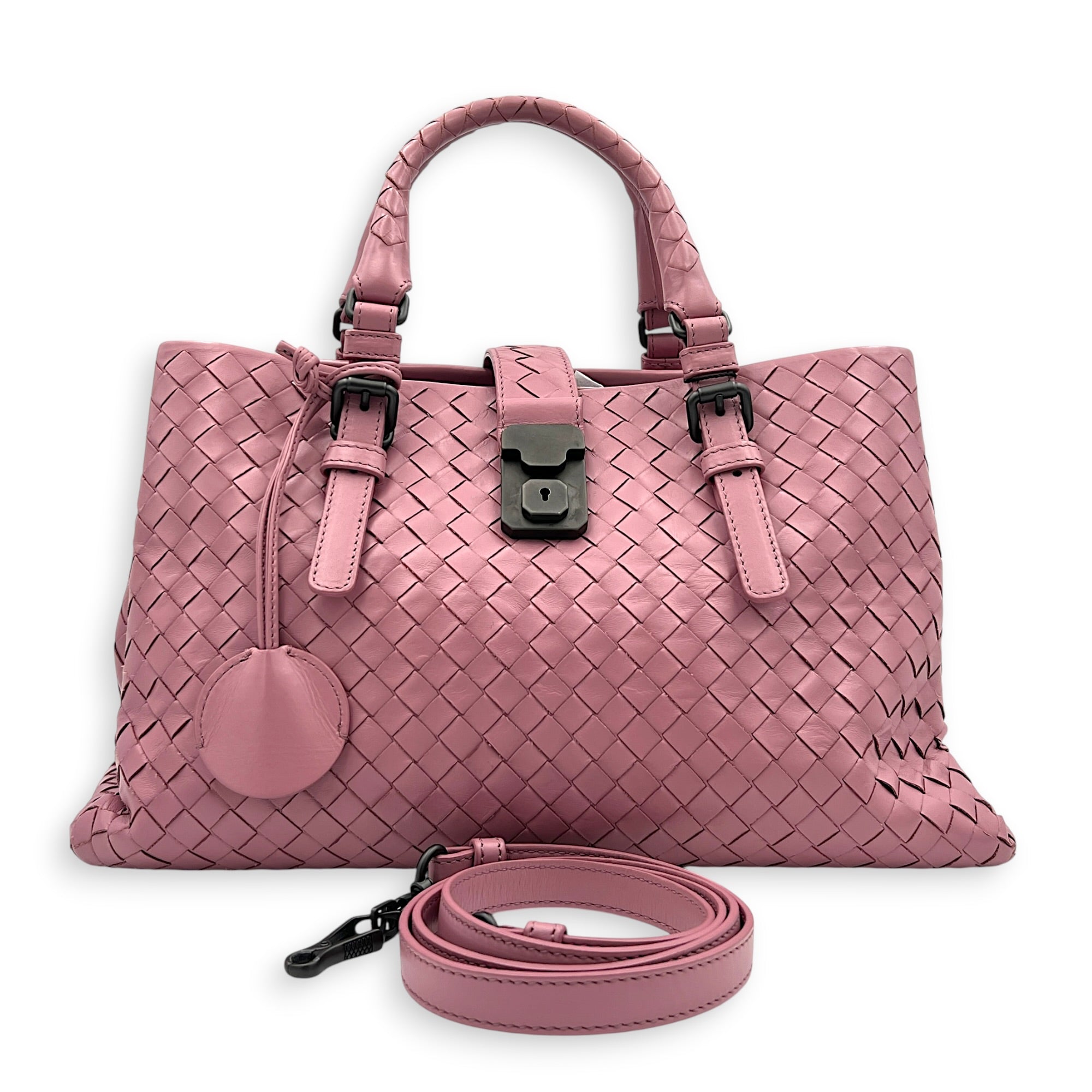 Intrecciato Top Handle Bag Pink in Calfskin, Gunmetal hardware