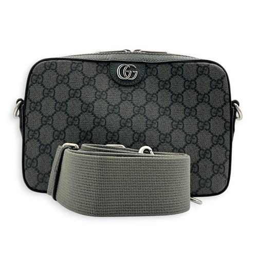 Ophidia Grey Crossbody Bag in Coated Canvas, Silver hardware