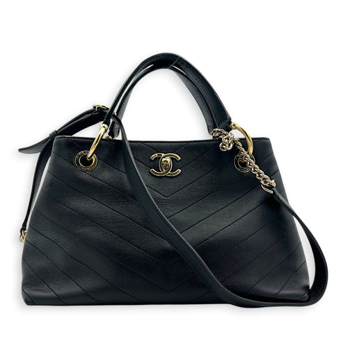 Chic Shopping Black Top Handle Bag in Calfskin, Gold hardware