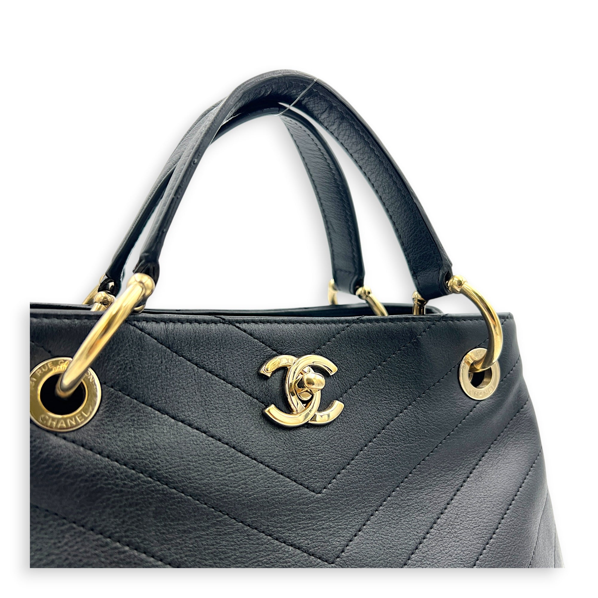 Chic Shopping Black Top Handle Bag in Calfskin, Gold hardware