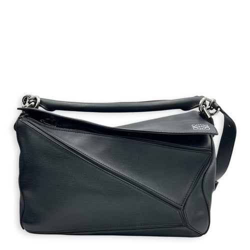 Puzzle Shoulder Bag Black in Calfskin, Silver hardware