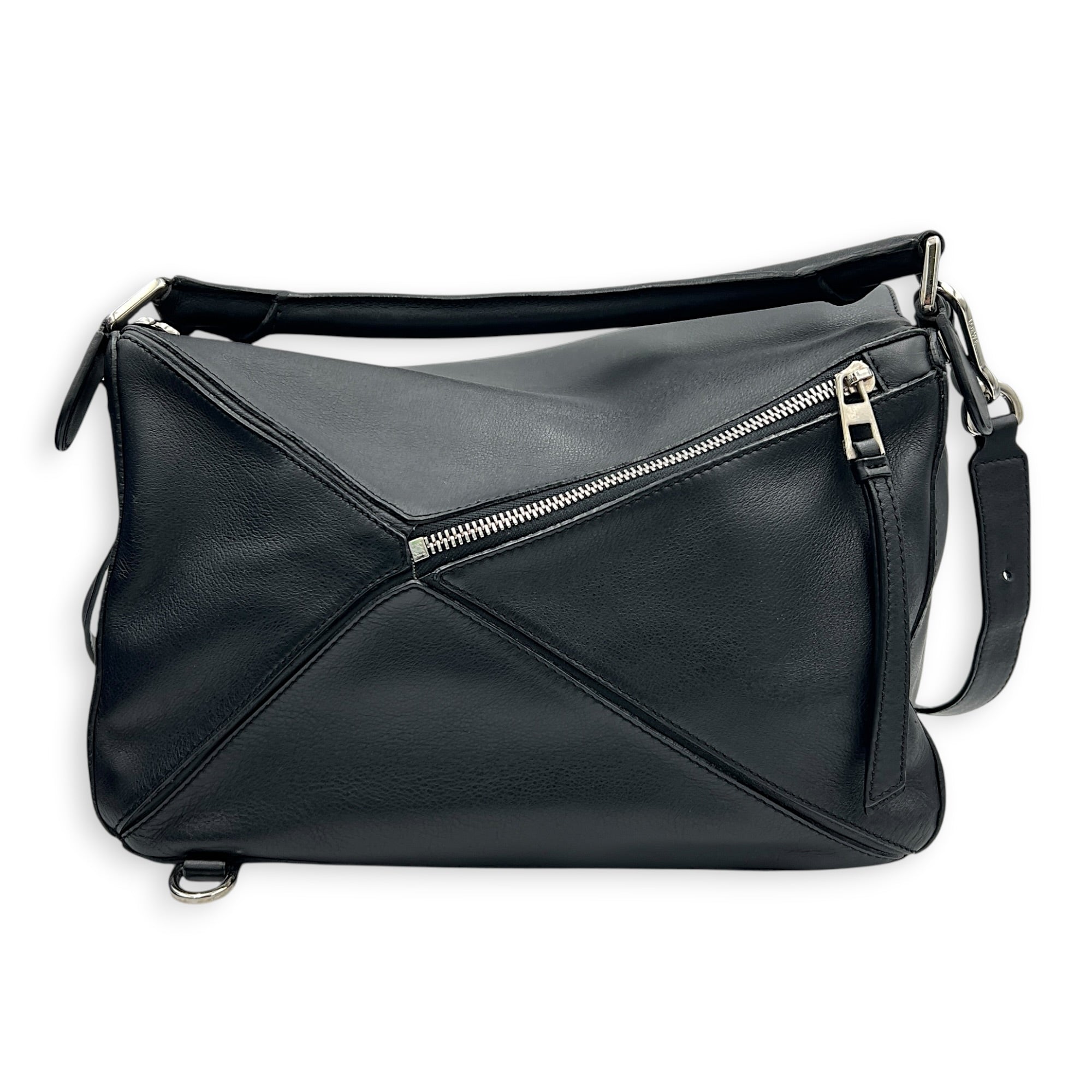 Puzzle Shoulder Bag Black in Calfskin, Silver hardware