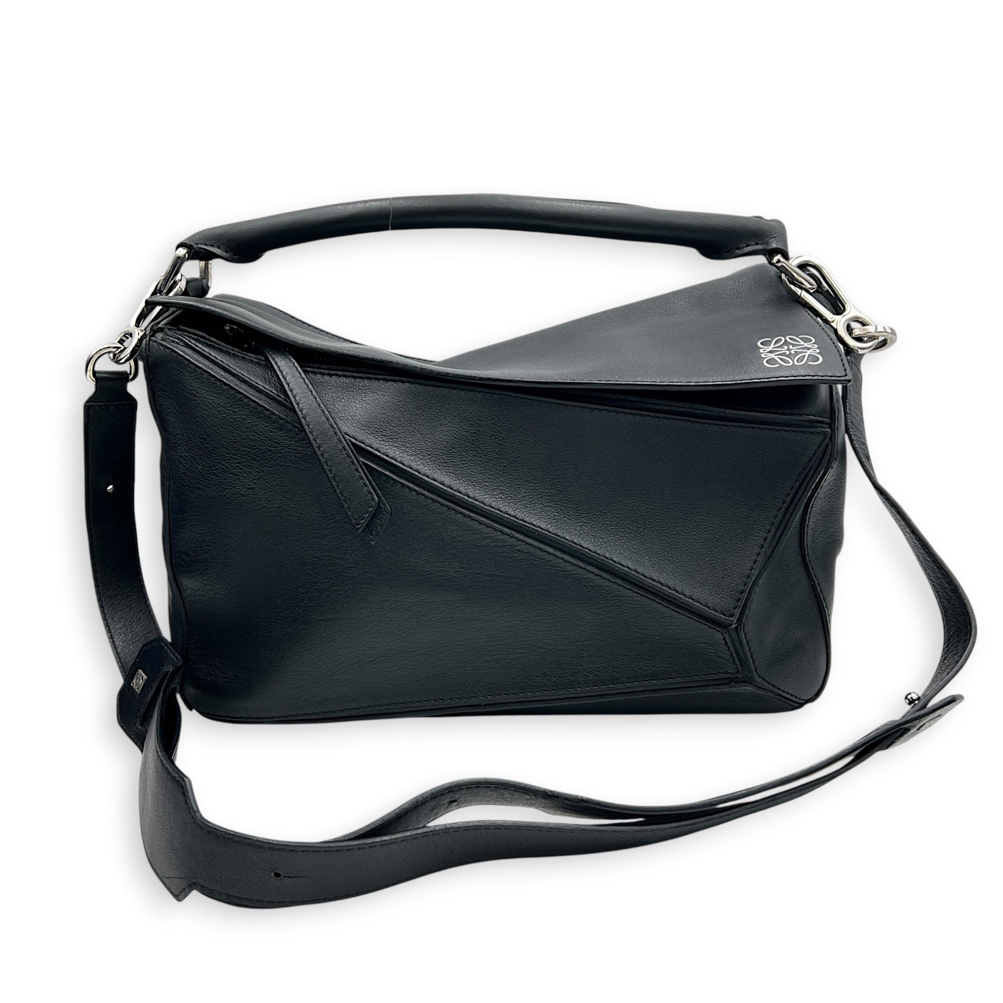 Puzzle Shoulder Bag Black in Calfskin, Silver hardware