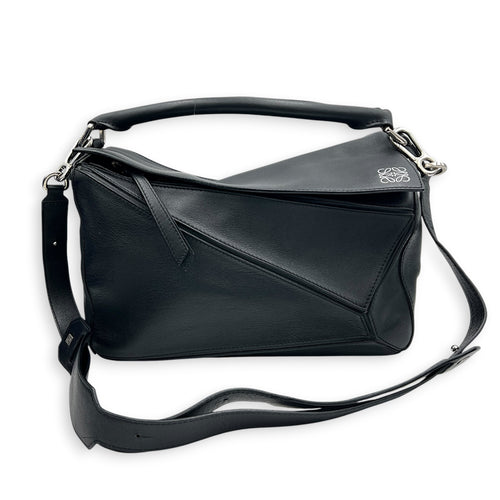 Puzzle Shoulder Bag Black in Calfskin, Silver hardware