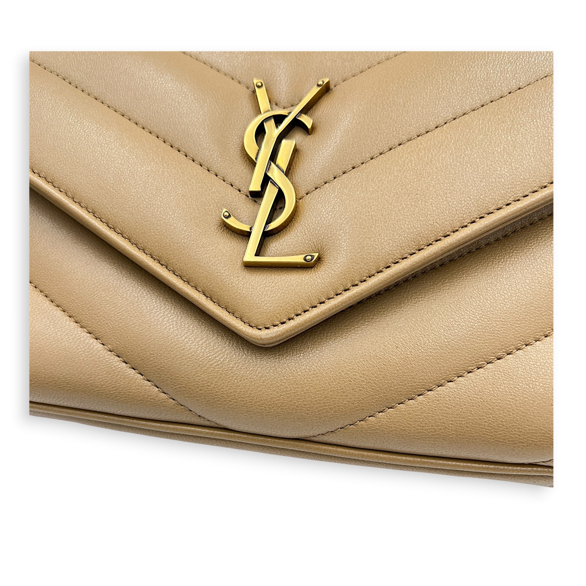 Loulou Shoulder Bag Beige in Lambskin, Gold hardware