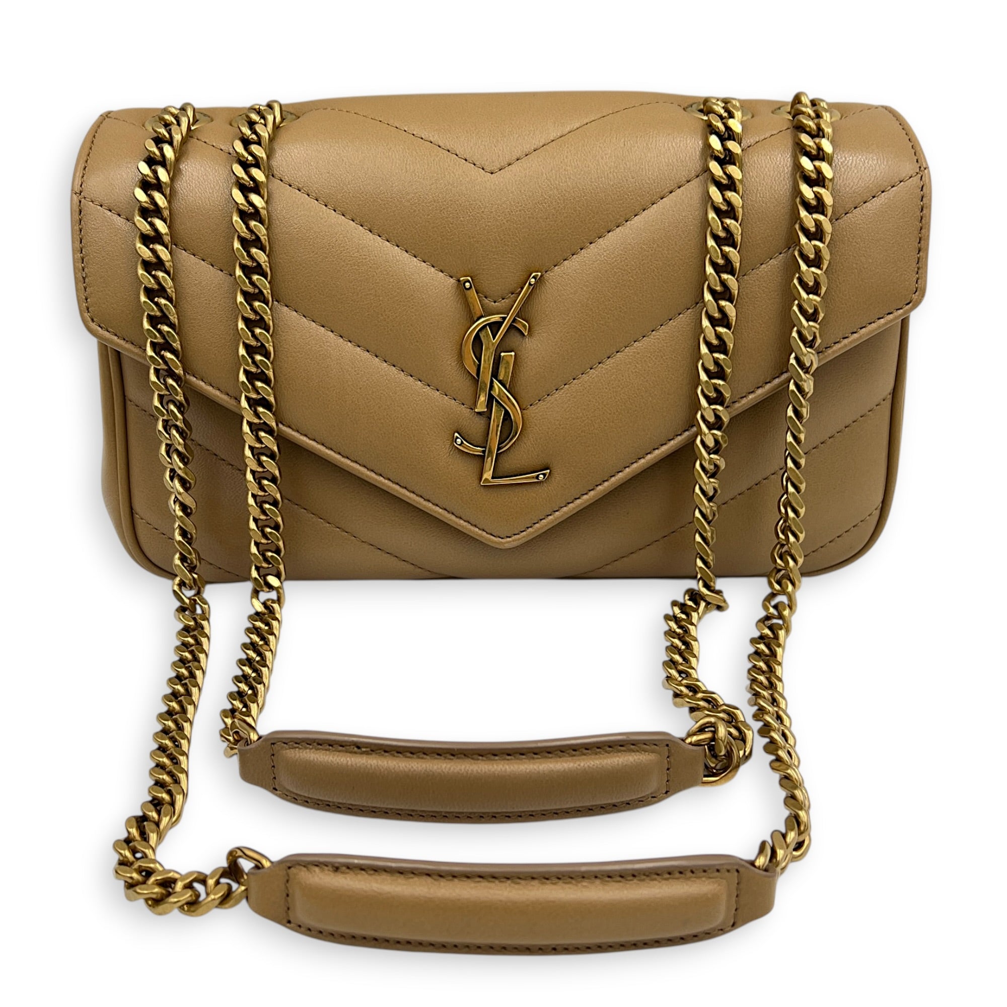 Loulou Shoulder Bag Beige in Lambskin, Gold hardware
