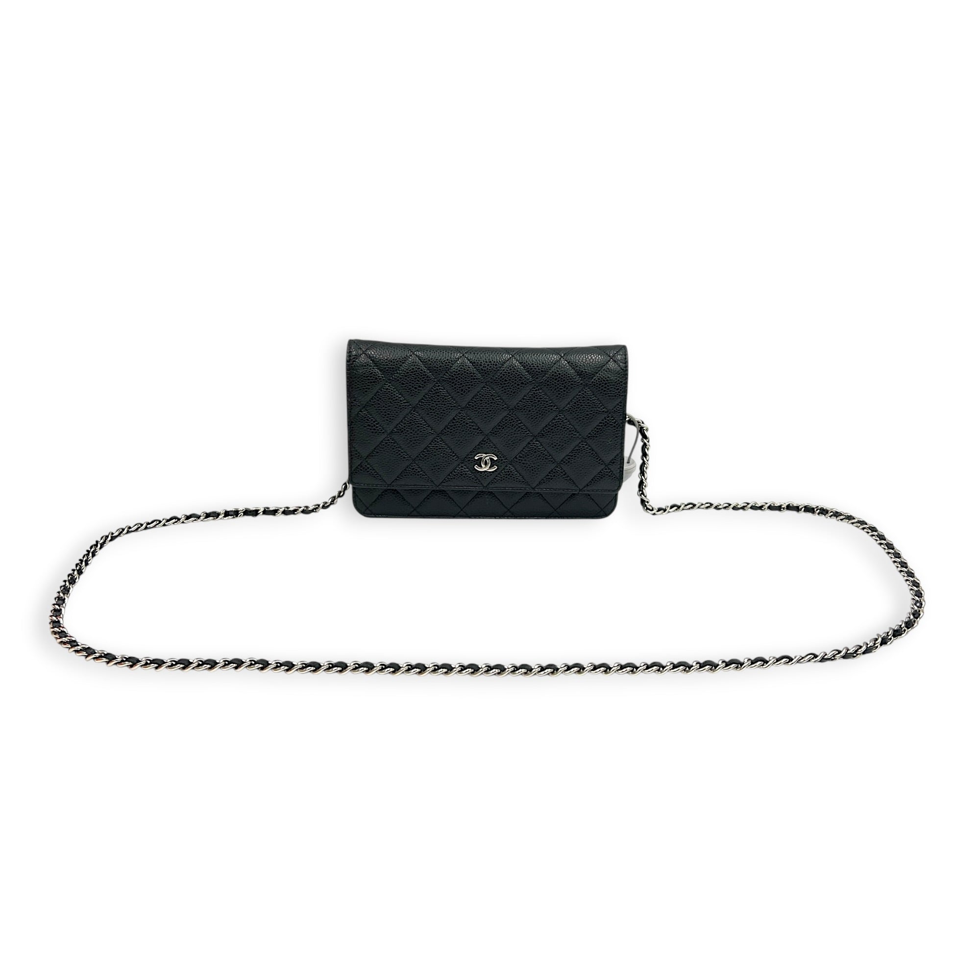 Classic Wallet On Chain Black in Caviar Leather, Silver hardware