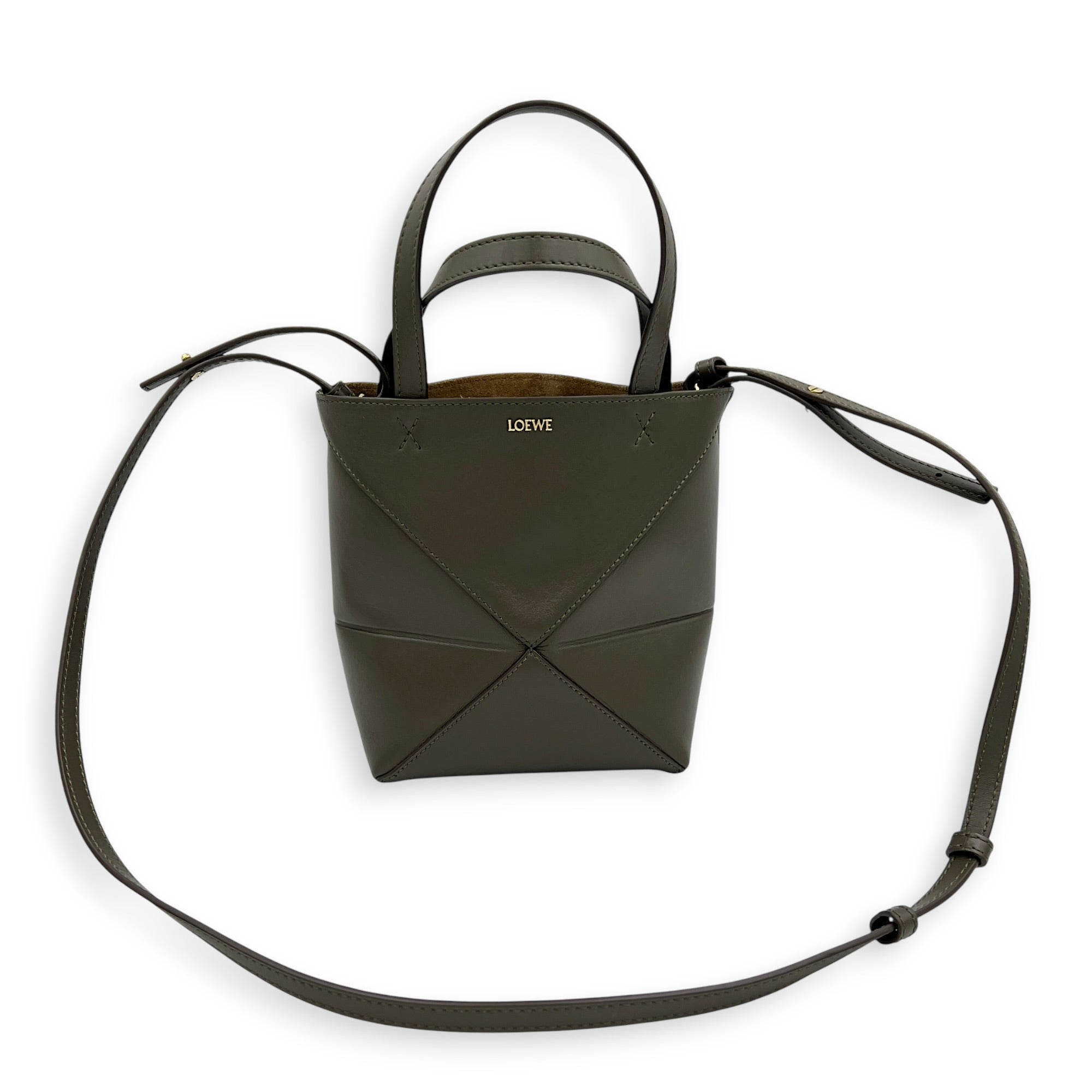 Puzzle Fold Tote Bag Mini Green in Calfskin, Gold hardware
