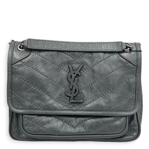 Niki Baby Grey Shoulder Bag in Calfskin, Ruthenium hardware