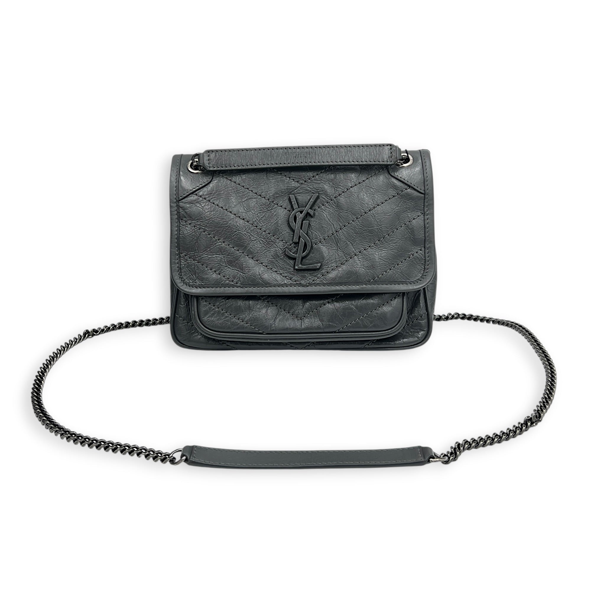 Niki Baby Grey Shoulder Bag in Calfskin, Ruthenium hardware