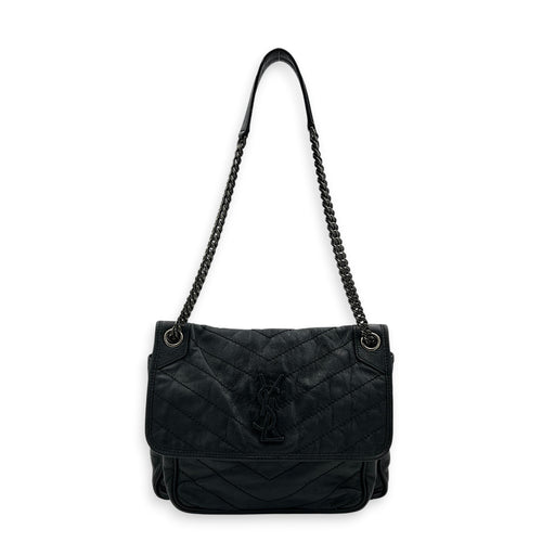 Niki Shoulder Bag Black in Calfskin, Ruthenium hardware
