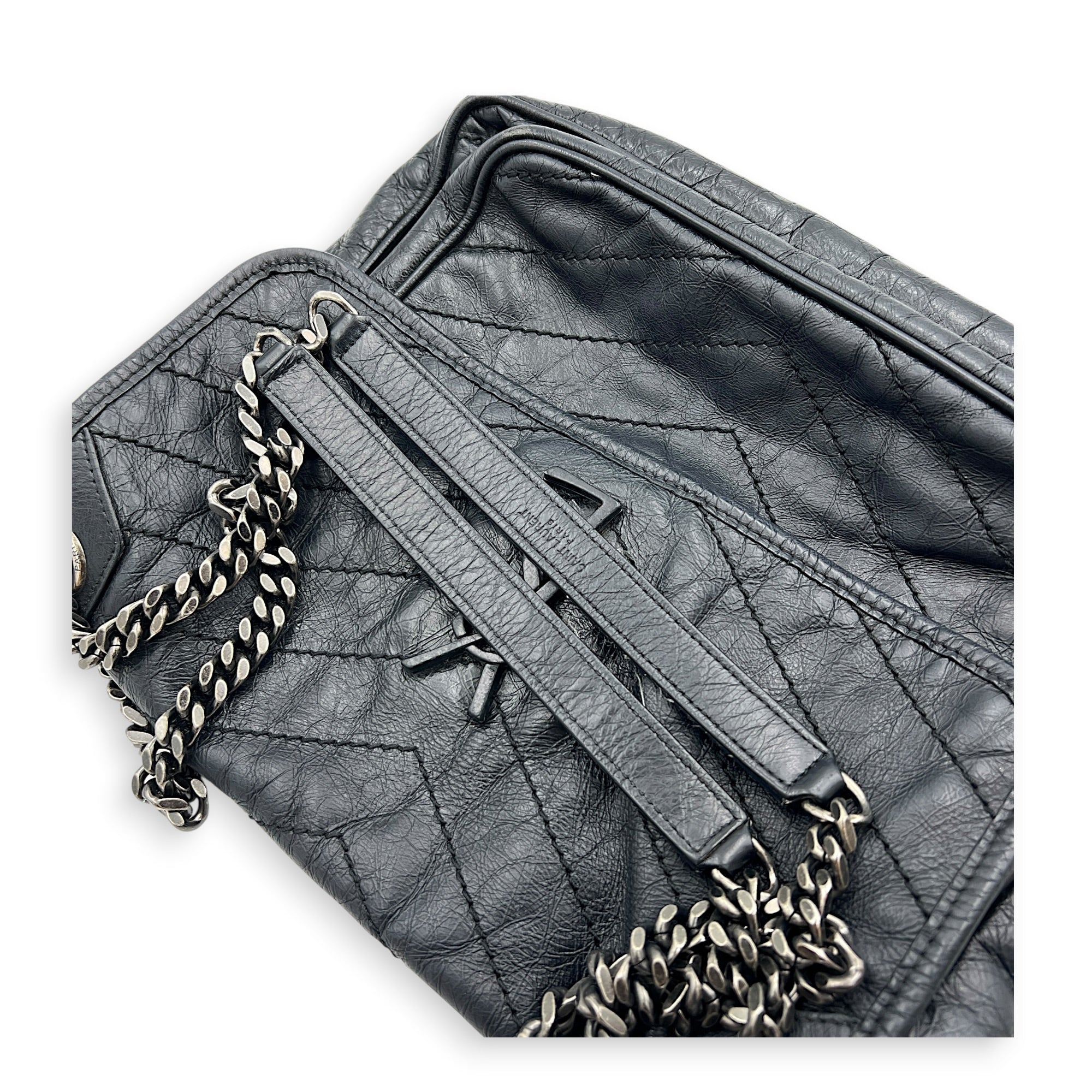 Niki Shoulder Bag Black in Calfskin, Ruthenium hardware