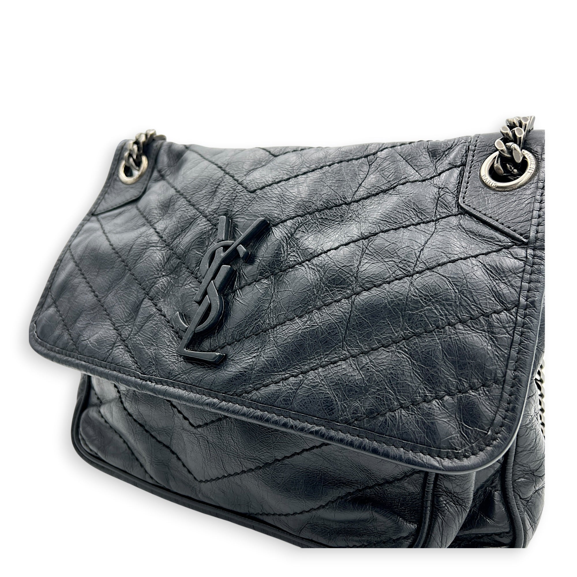 Niki Shoulder Bag Black in Calfskin, Ruthenium hardware