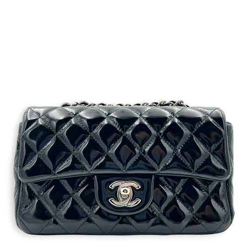 Rectangle Mini Black Crossbody Bag in Patent Leather, Silver hardware