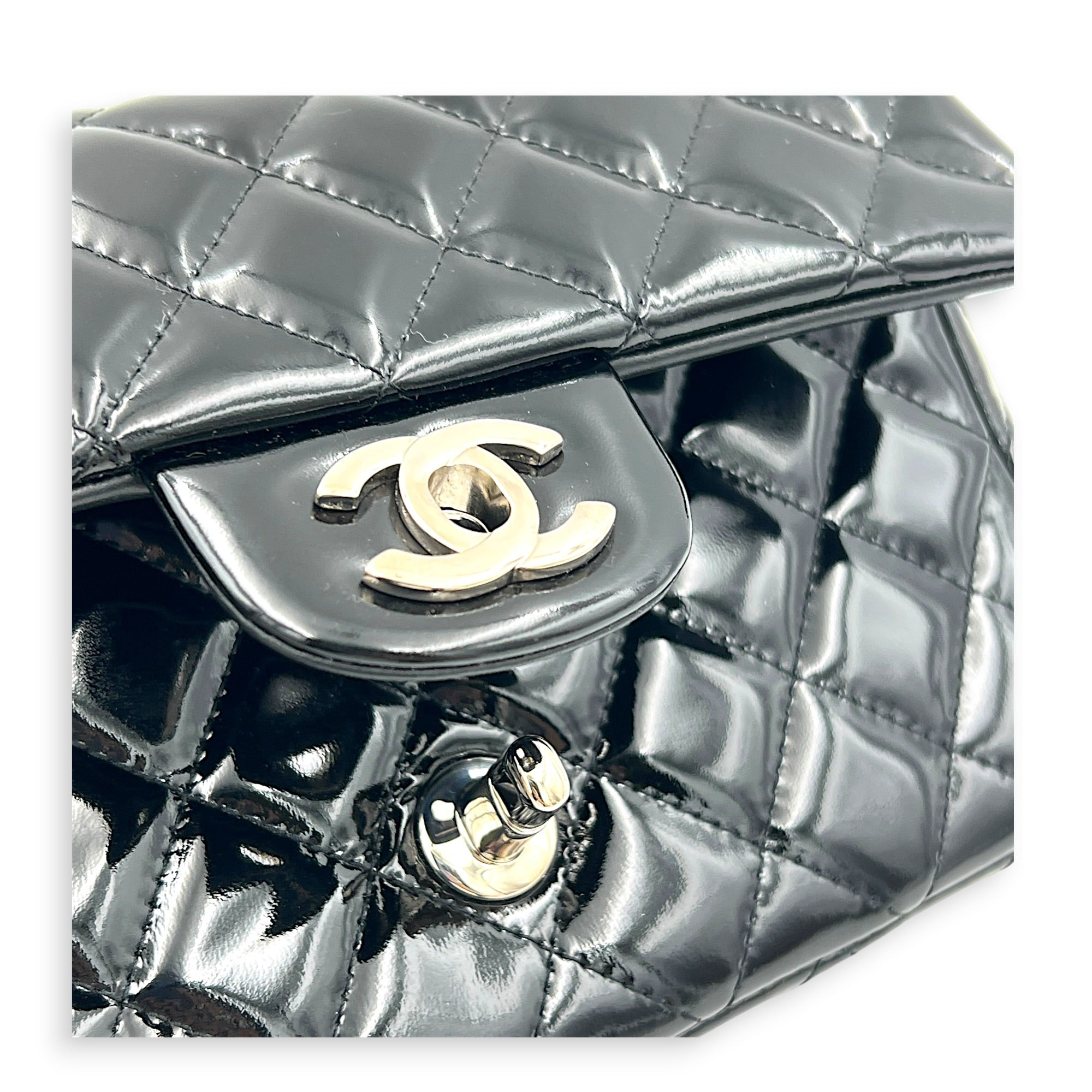 Rectangle Mini Black Crossbody Bag in Patent Leather, Silver hardware