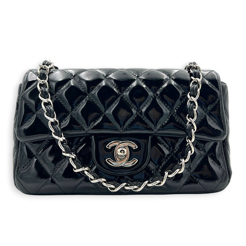 Rectangle Mini Black Crossbody Bag in Patent Leather, Silver hardware
