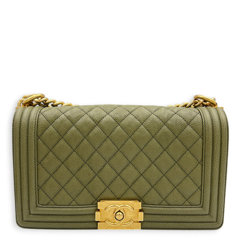 Boy Medium Green Shoulder Bag in Caviar Leather, Gold hardware