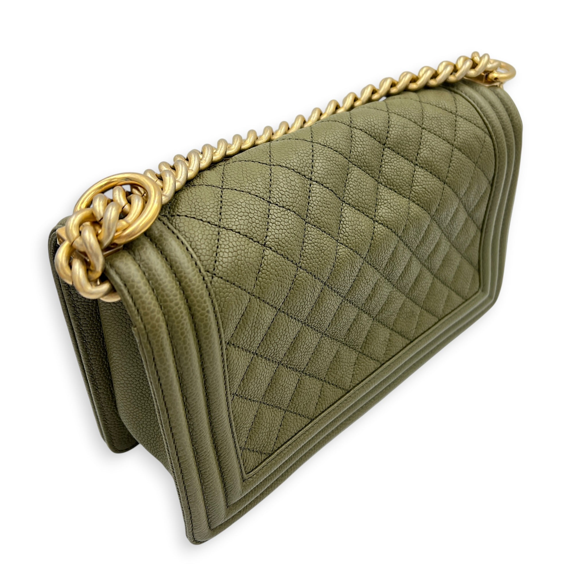 Boy Medium Green Shoulder Bag in Caviar Leather, Gold hardware
