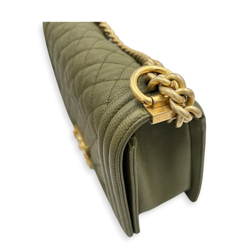 Boy Medium Green Shoulder Bag in Caviar Leather, Gold hardware