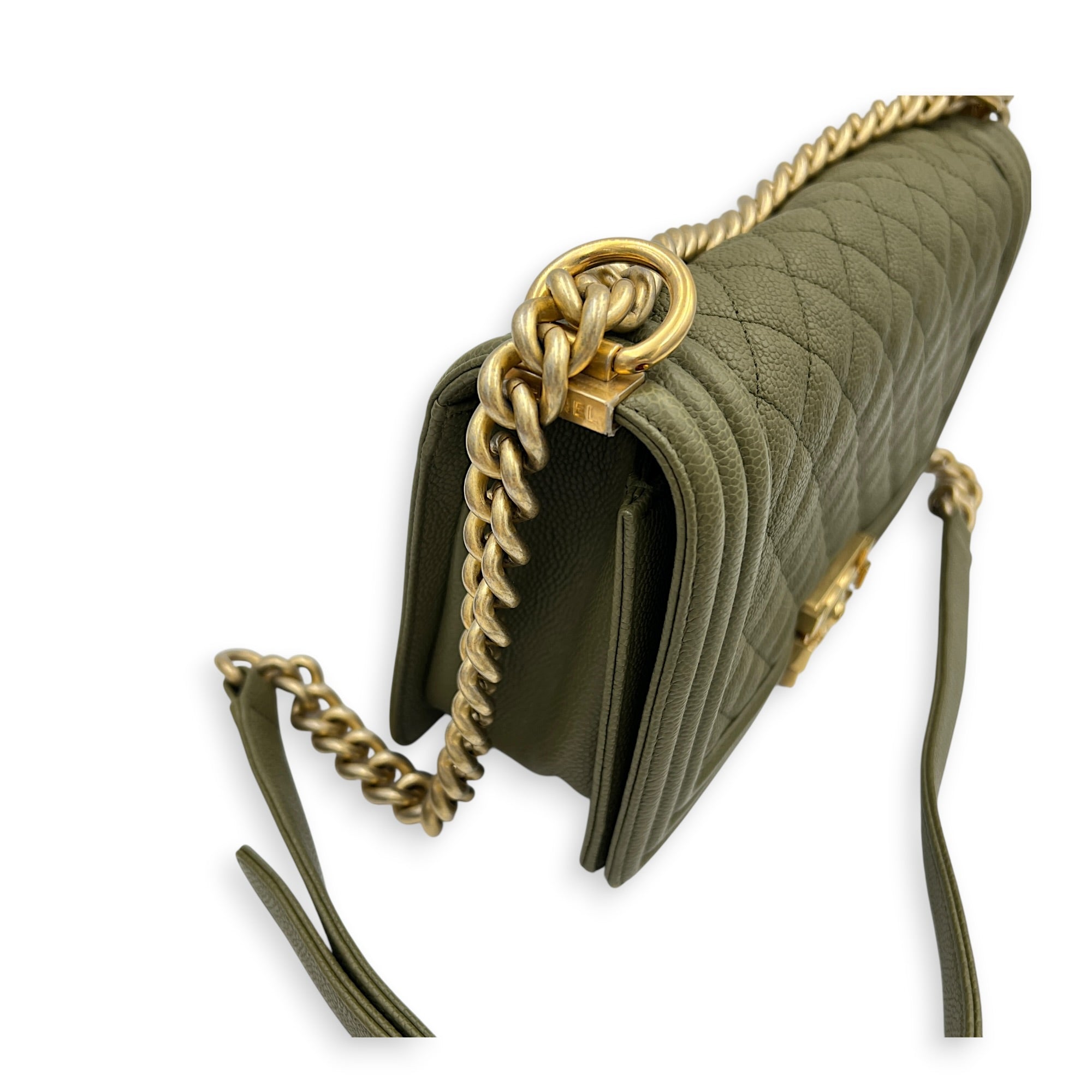 Boy Medium Green Shoulder Bag in Caviar Leather, Gold hardware