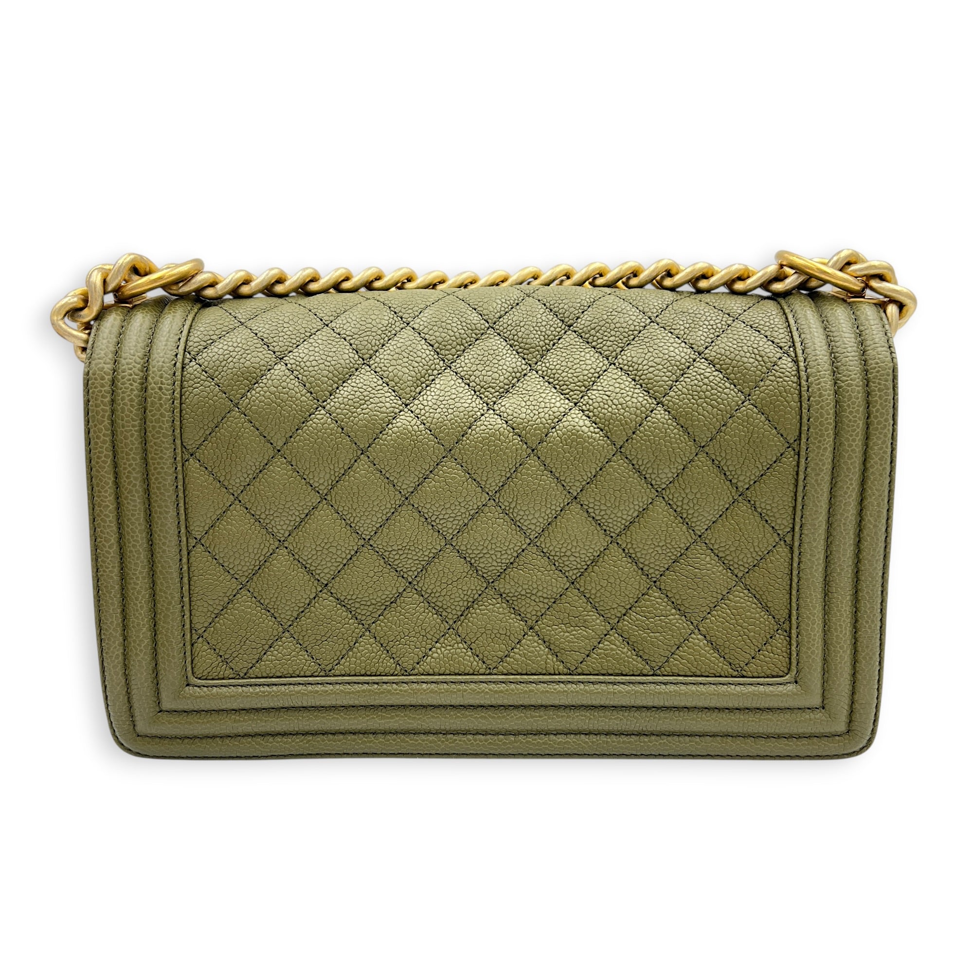 Boy Medium Green Shoulder Bag in Caviar Leather, Gold hardware