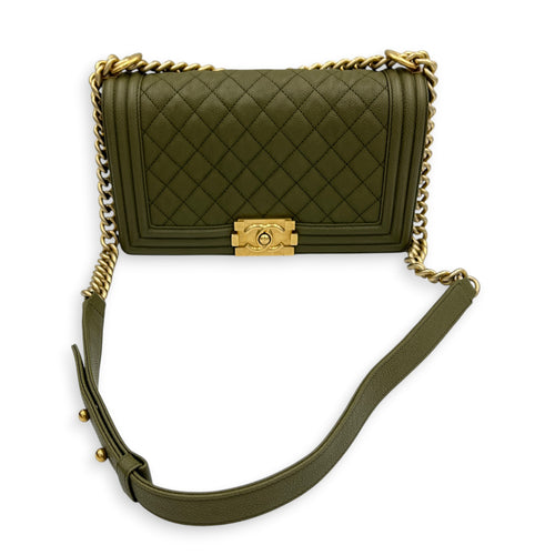Boy Medium Green Shoulder Bag in Caviar Leather, Gold hardware