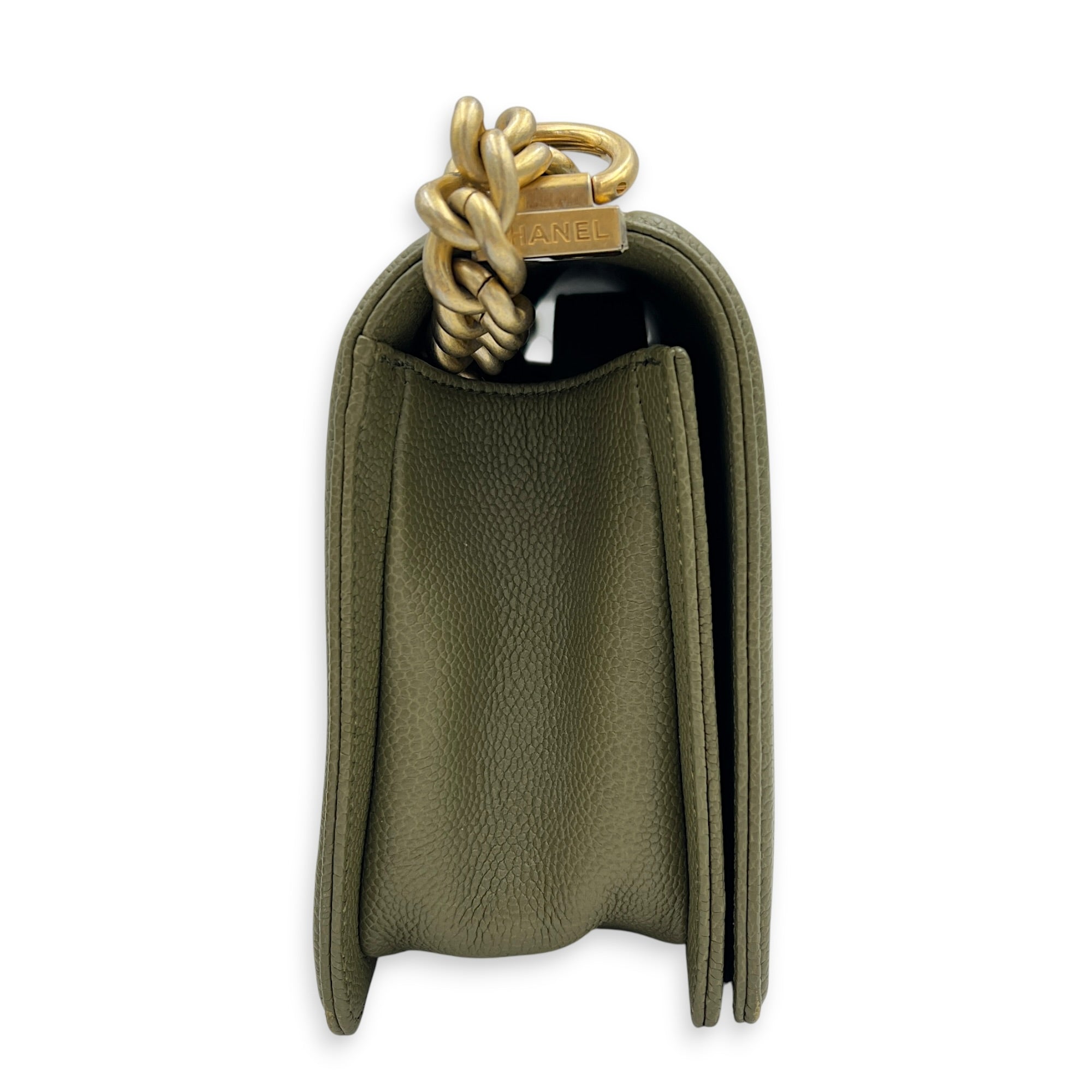 Boy Medium Green Shoulder Bag in Caviar Leather, Gold hardware