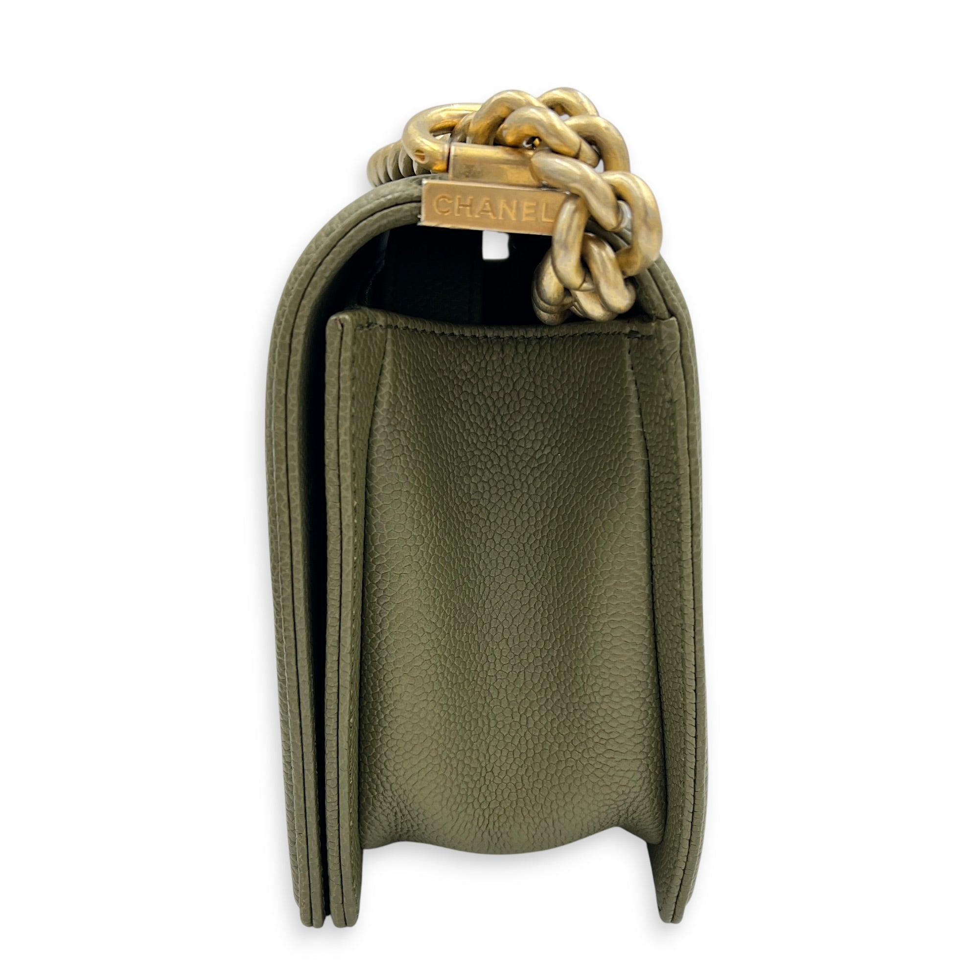 Boy Medium Green Shoulder Bag in Caviar Leather, Gold hardware