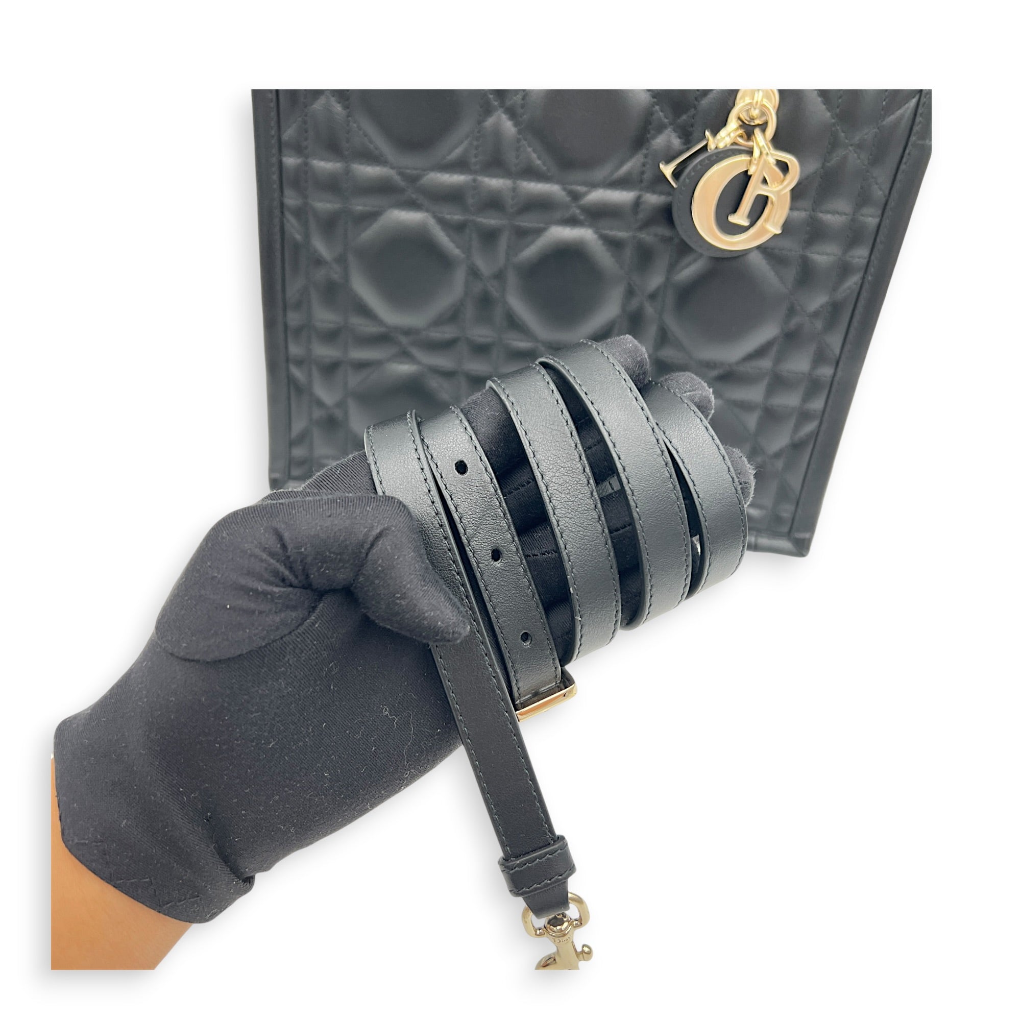 Cannage Book Small Black Tote Bag in Calfskin, Gold hardware