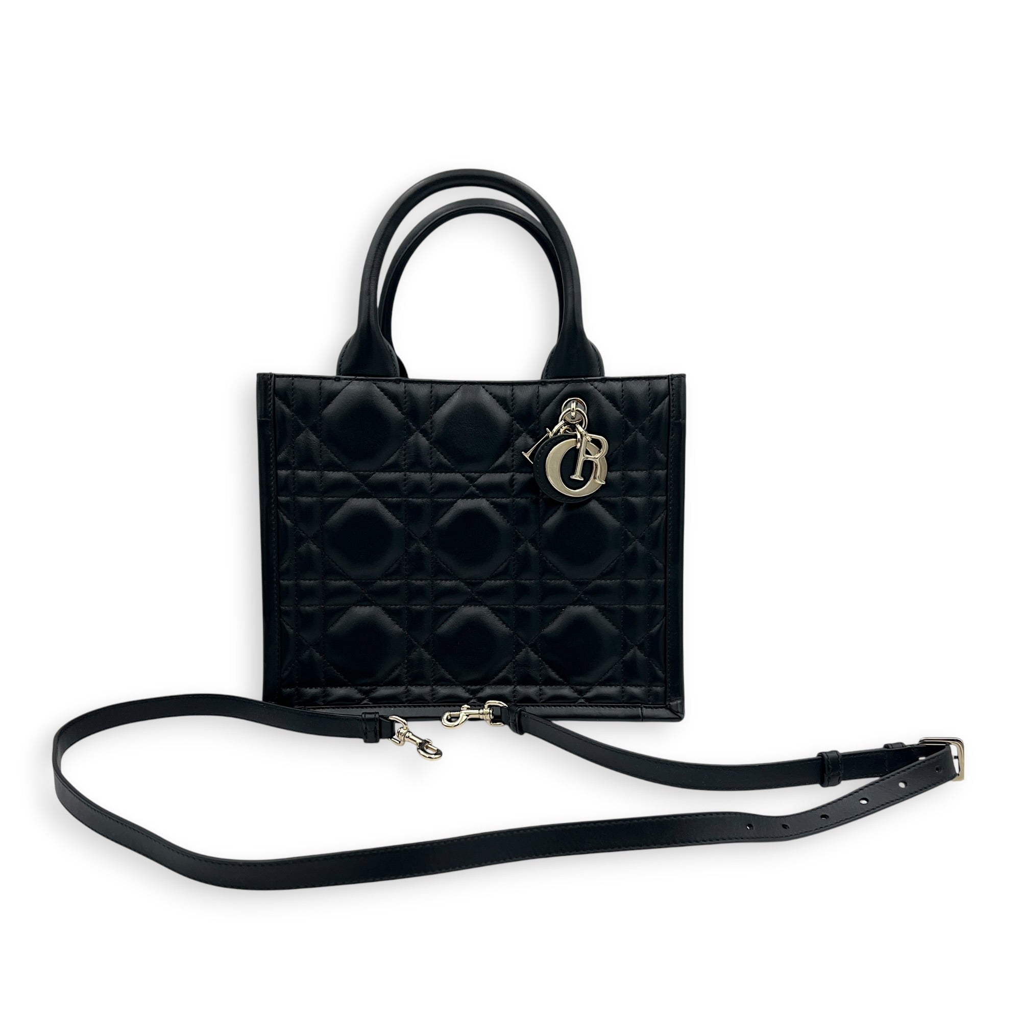 Cannage Book Small Black Tote Bag in Calfskin, Gold hardware