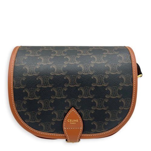 Folco Shoulder Bag Brown in Coated Canvas, Gold hardware