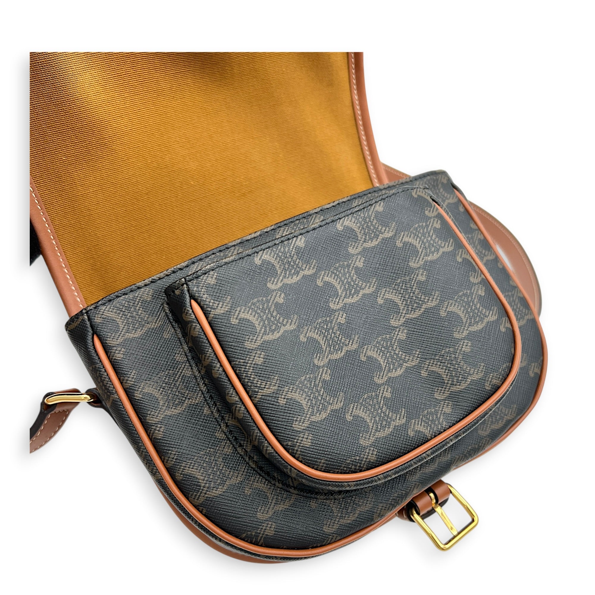 Folco Shoulder Bag Brown in Coated Canvas, Gold hardware