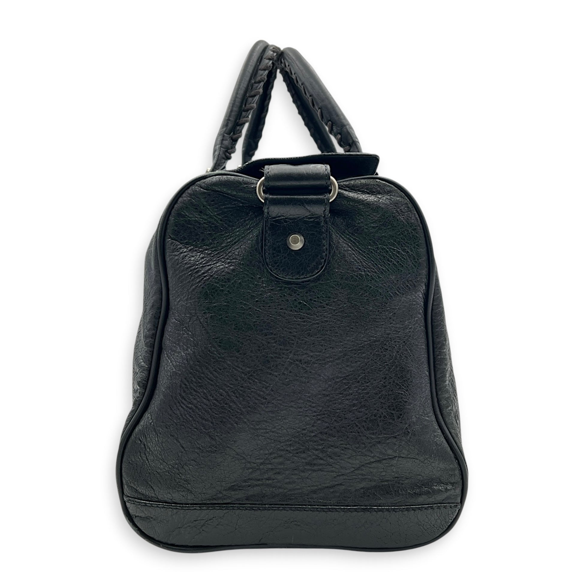 City Boston Black Top Handle Bag in Calfskin, Ruthenium hardware