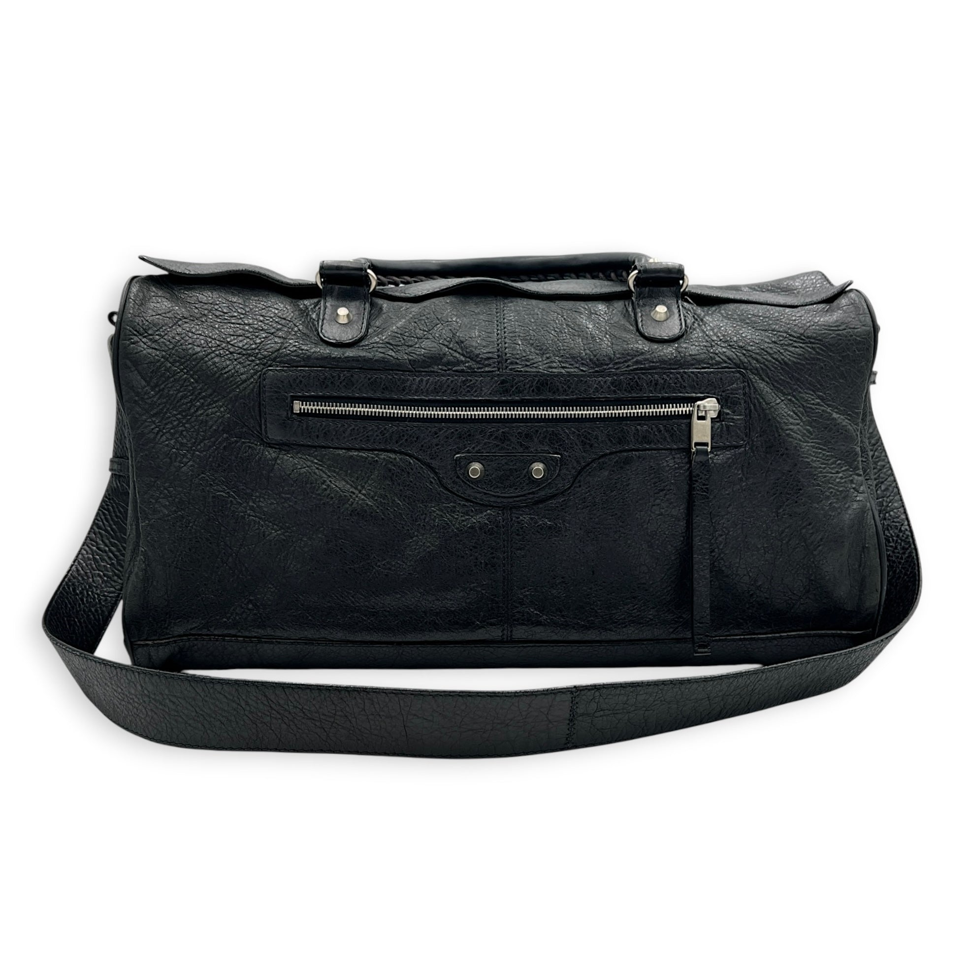 City Boston Black Top Handle Bag in Calfskin, Ruthenium hardware