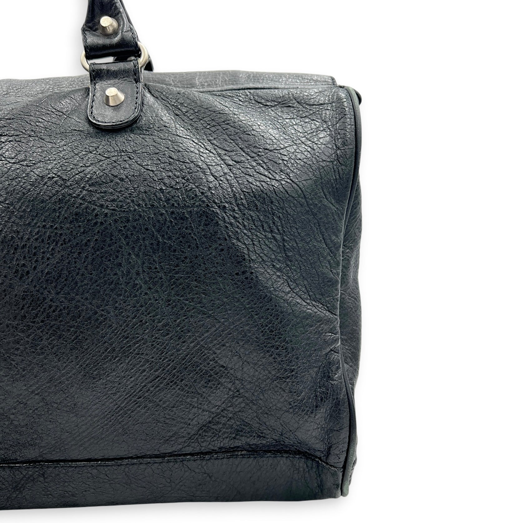 City Boston Black Top Handle Bag in Calfskin, Ruthenium hardware