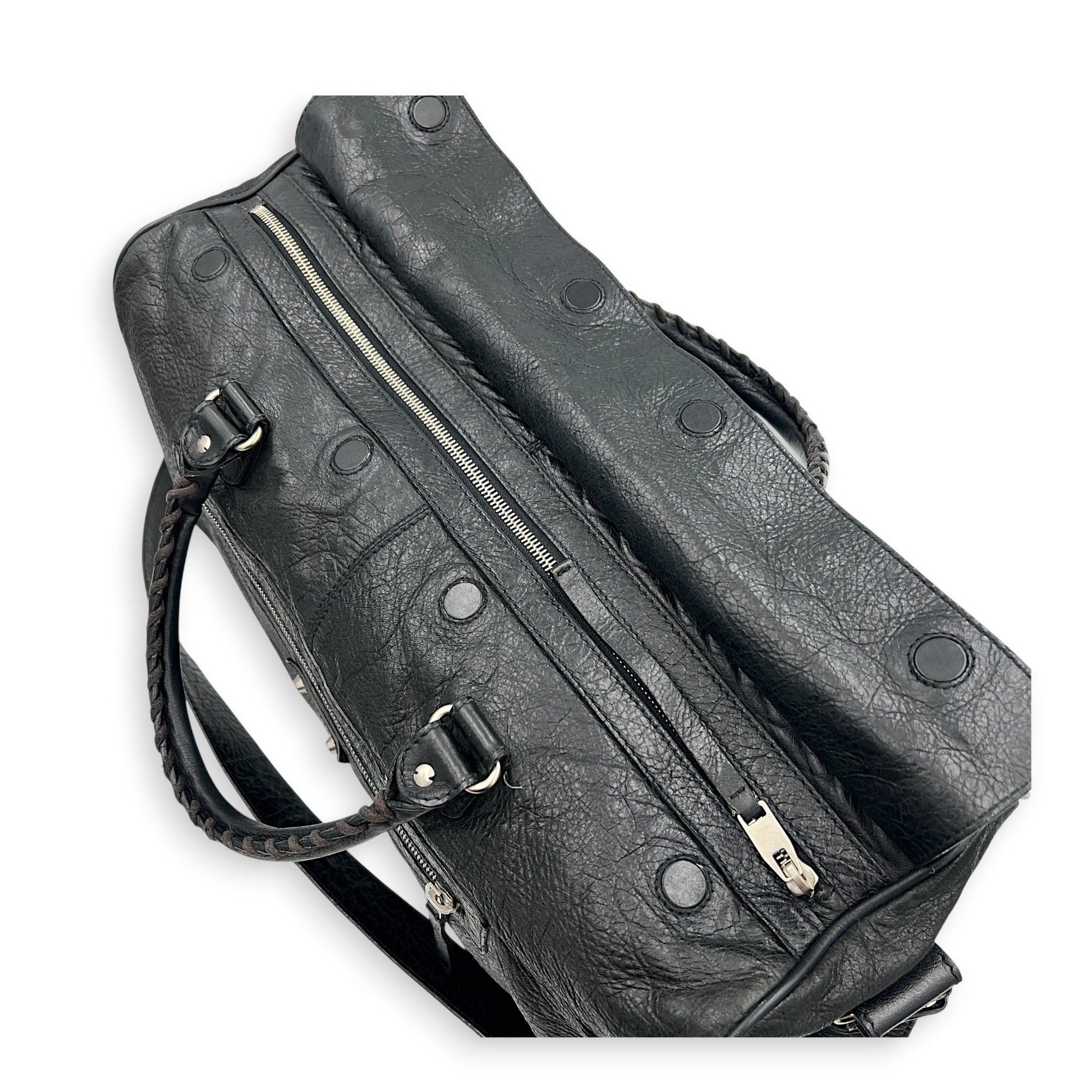 City Boston Black Top Handle Bag in Calfskin, Ruthenium hardware