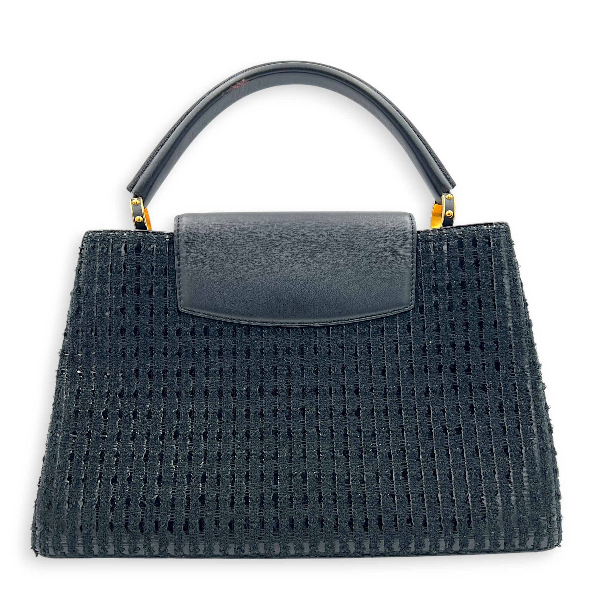 Capucines Top Handle Bag MM Black in Tweed, Gold hardware