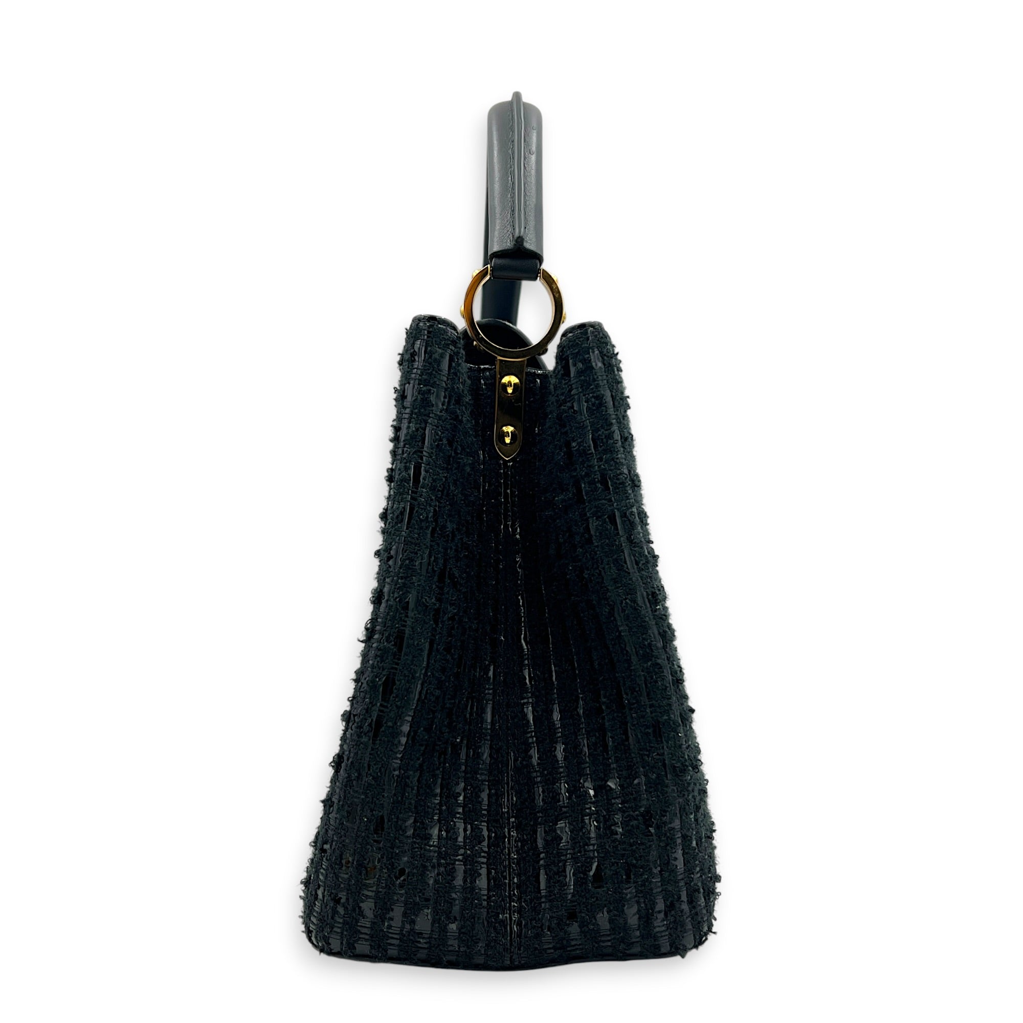 Capucines Top Handle Bag MM Black in Tweed, Gold hardware