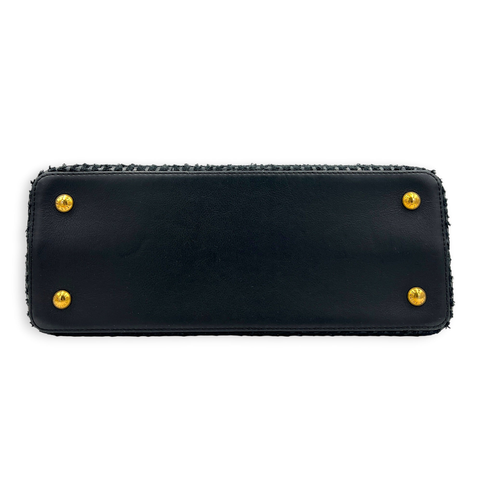 Capucines Top Handle Bag MM Black in Tweed, Gold hardware