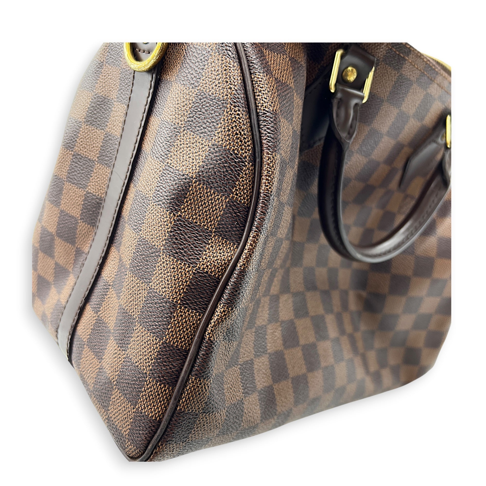 Speedy Bandouliere Top Handle Bag 30 Damier Ebene in Coated Canvas, Gold hardware