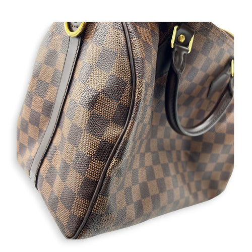 Speedy Bandouliere Top Handle Bag 30 Damier Ebene in Coated Canvas, Gold hardware