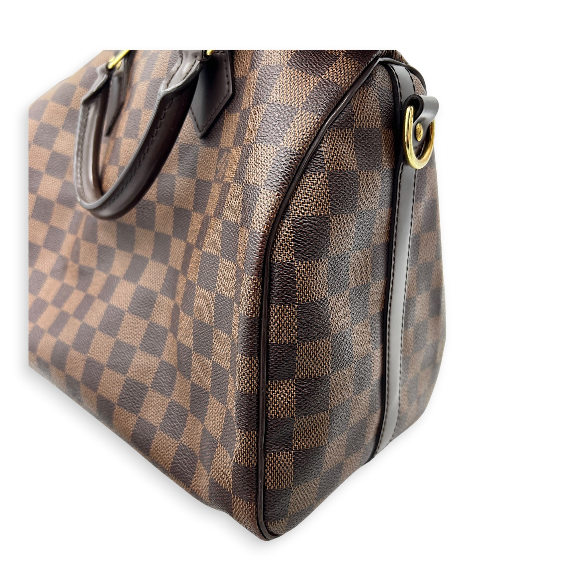 Speedy Bandouliere Top Handle Bag 30 Damier Ebene in Coated Canvas, Gold hardware
