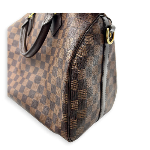 Speedy Bandouliere Top Handle Bag 30 Damier Ebene in Coated Canvas, Gold hardware