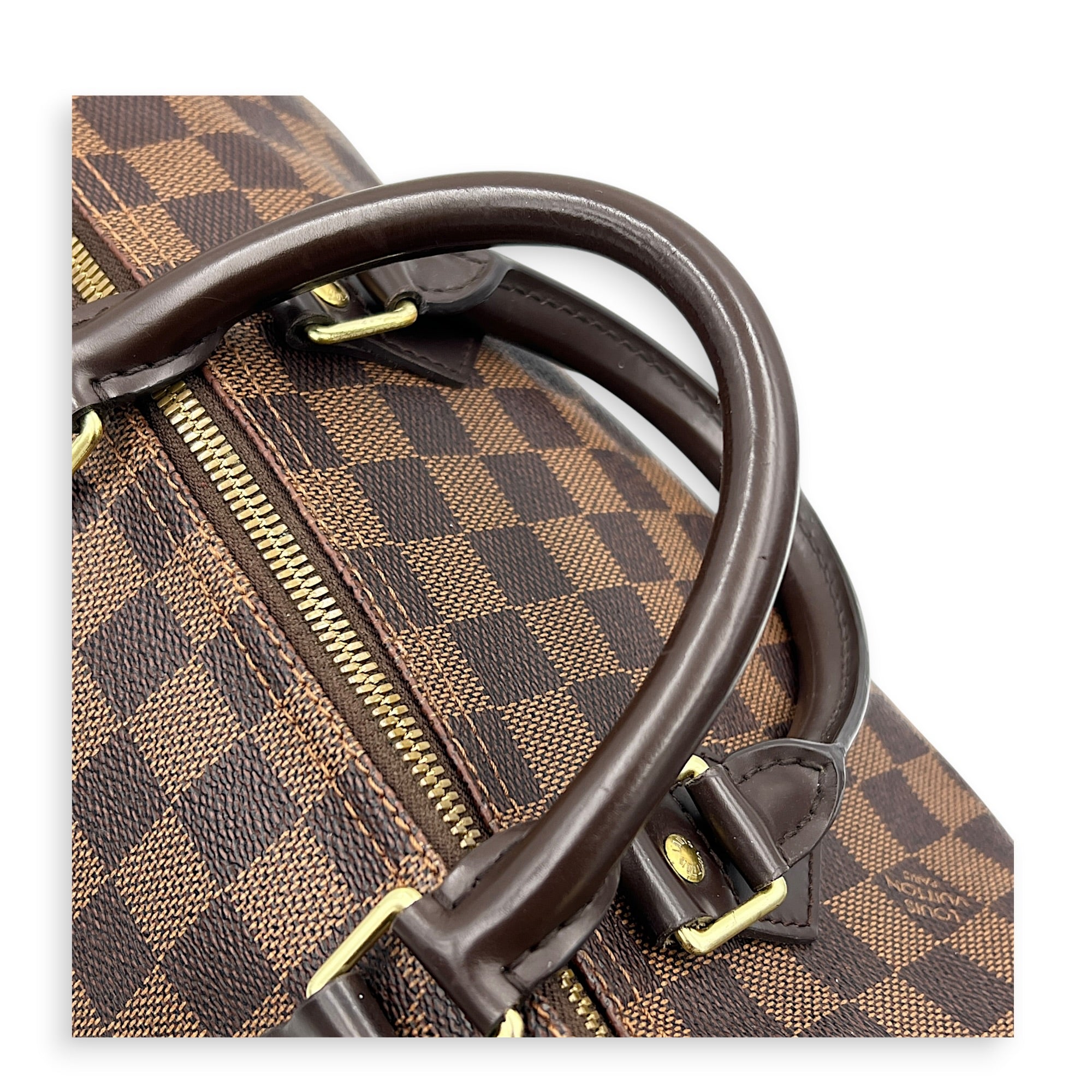 Speedy Bandouliere Top Handle Bag 30 Damier Ebene in Coated Canvas, Gold hardware