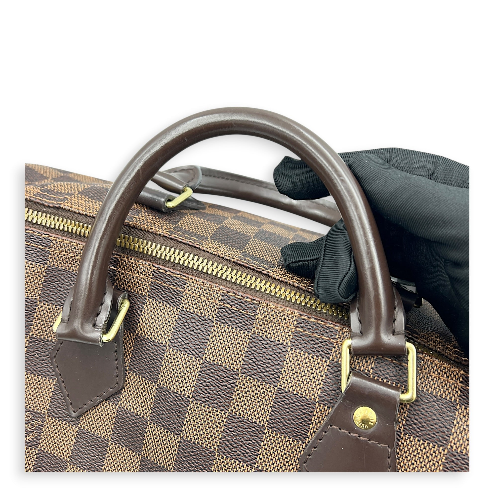 Speedy Bandouliere Top Handle Bag 30 Damier Ebene in Coated Canvas, Gold hardware