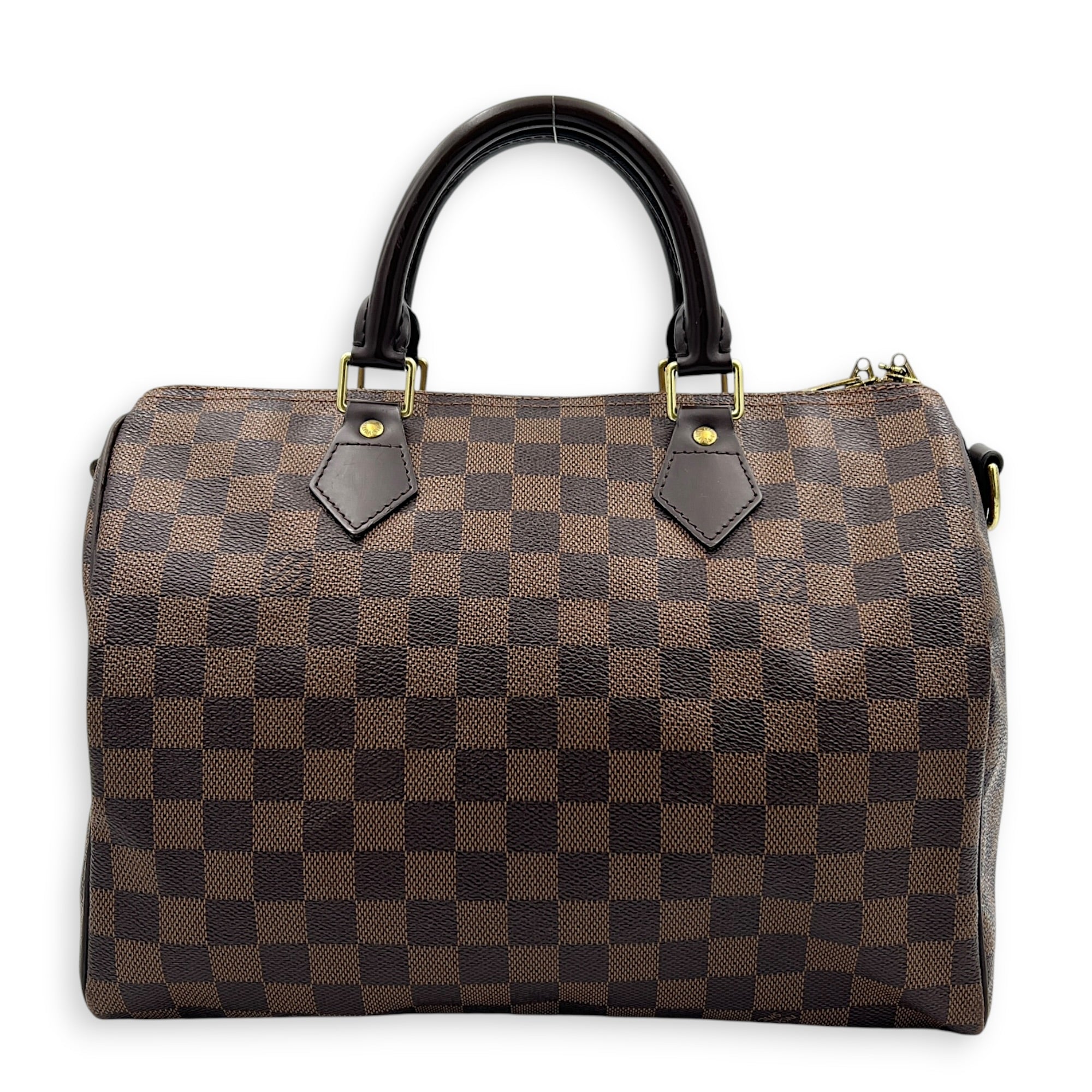 Speedy Bandouliere Top Handle Bag 30 Damier Ebene in Coated Canvas, Gold hardware