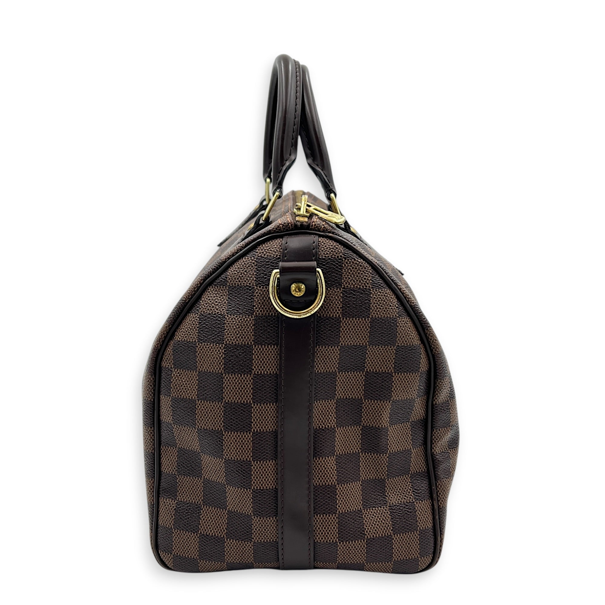 Speedy Bandouliere Top Handle Bag 30 Damier Ebene in Coated Canvas, Gold hardware