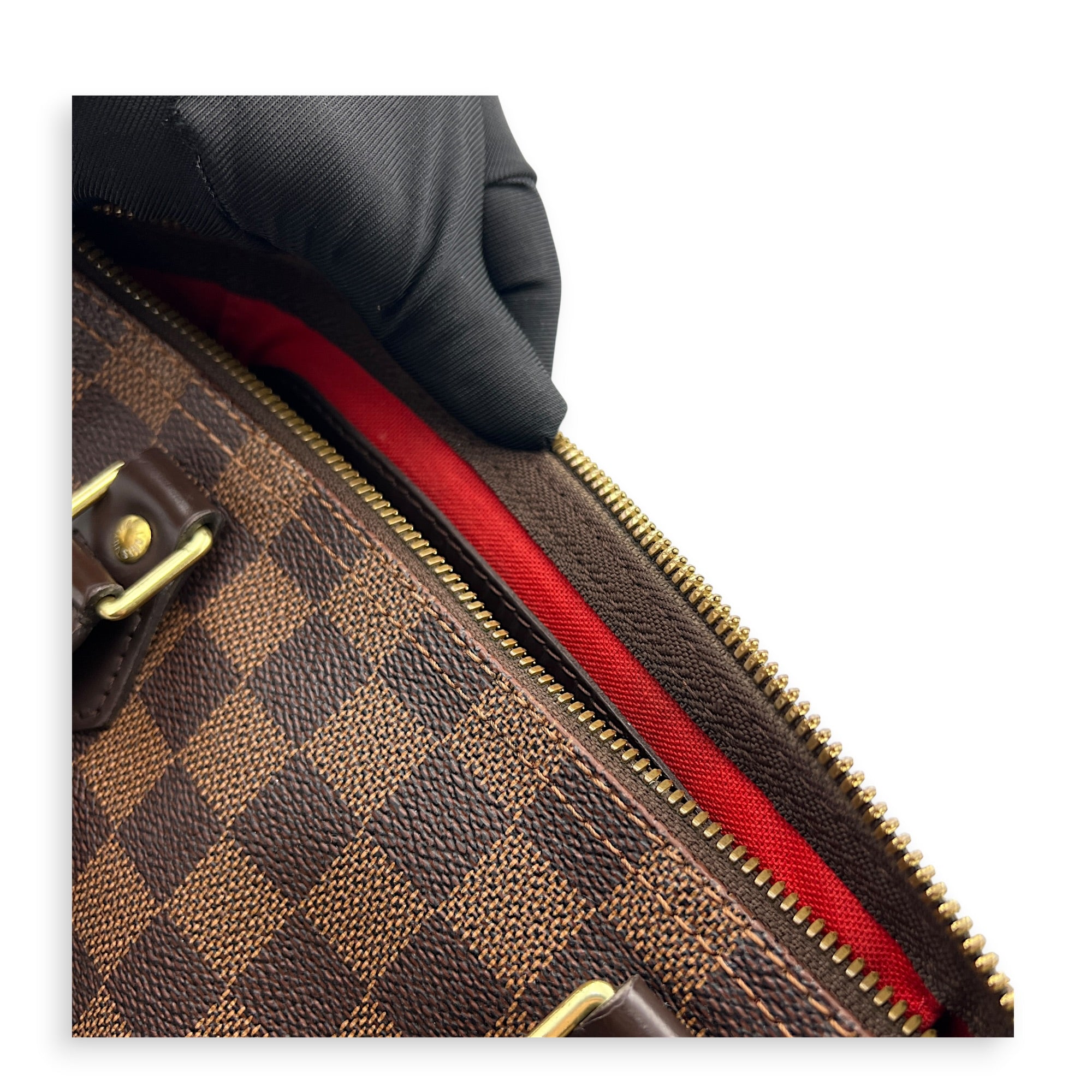 Speedy Bandouliere Top Handle Bag 30 Damier Ebene in Coated Canvas, Gold hardware