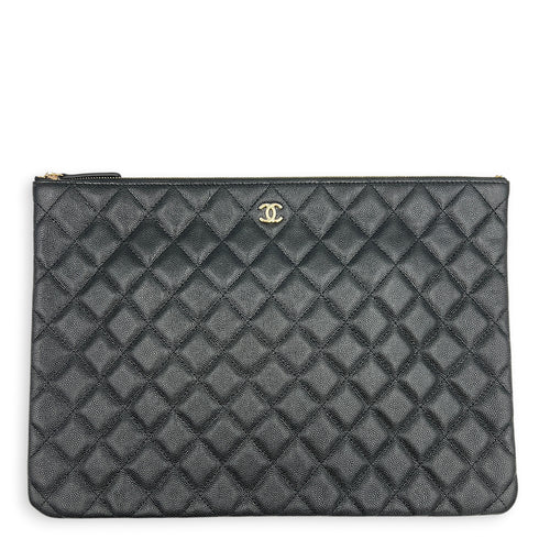 O Case Black Clutch in Caviar Leather, Light Gold hardware