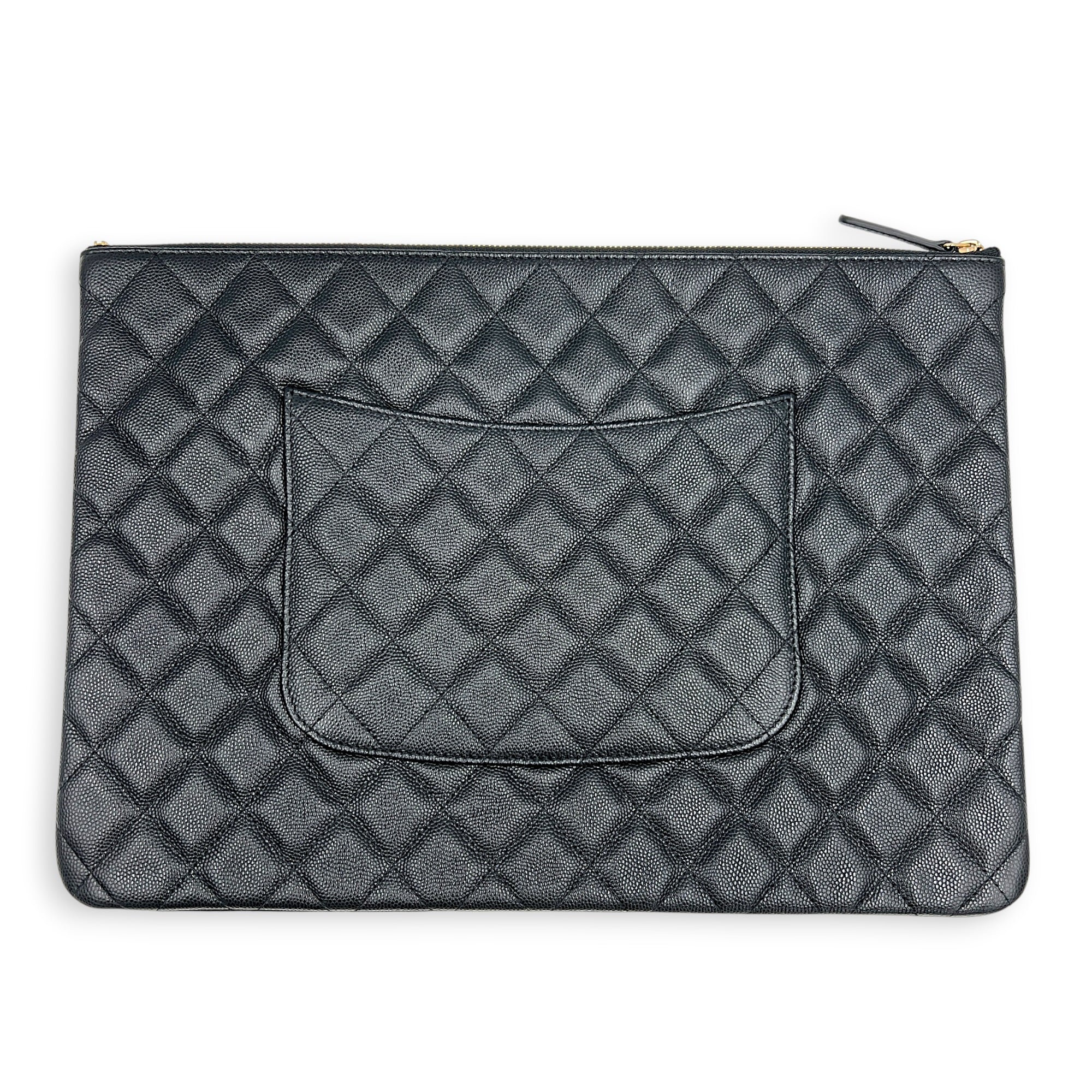 O Case Black Clutch in Caviar Leather, Light Gold hardware